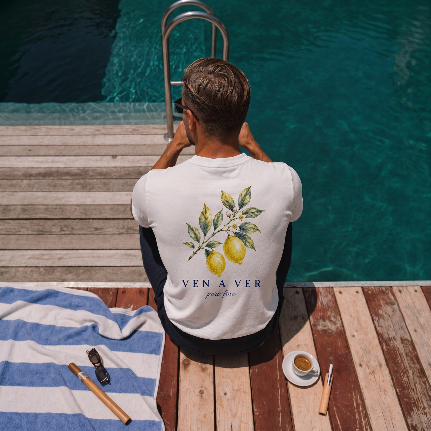 Portofino Lemon Tee white – worn, lifestyle photo