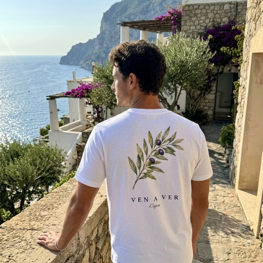 Capri Olive Tee white – worn, lifestyle photo