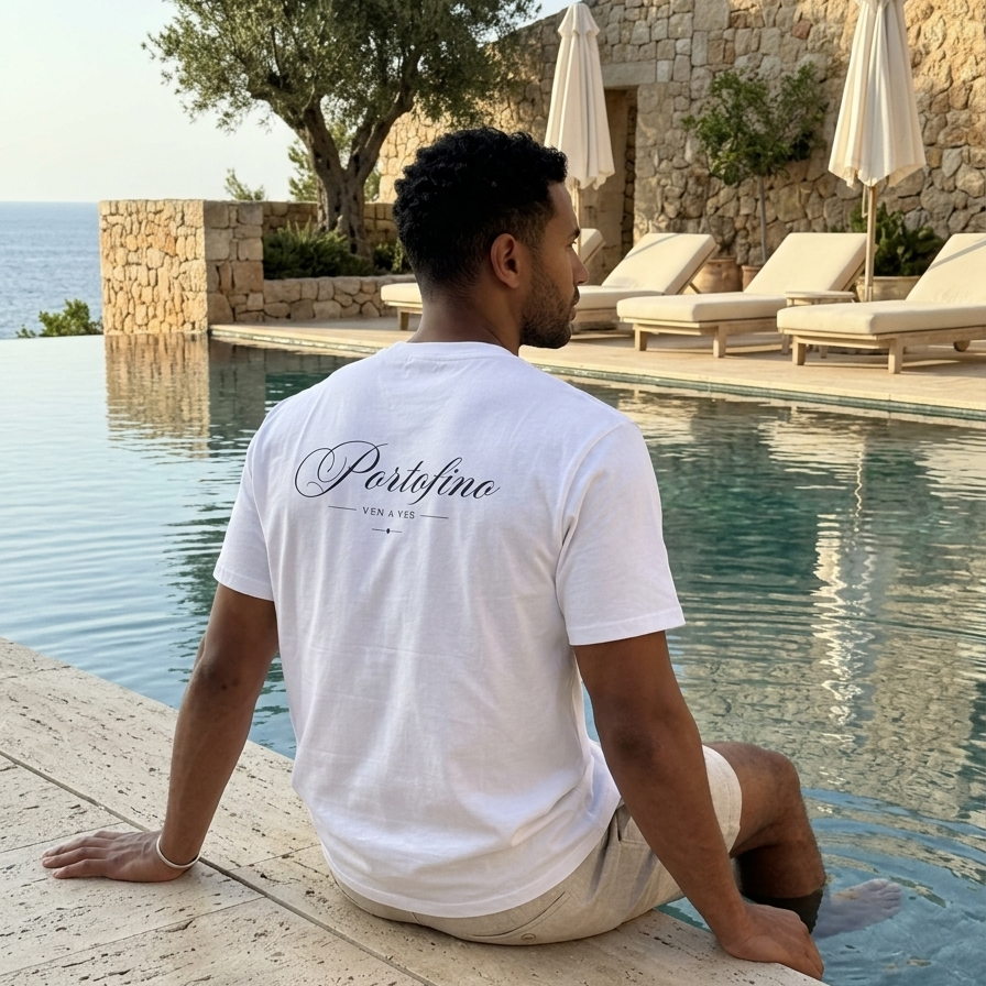 Portofino Script Tee white – worn, lifestyle photo
