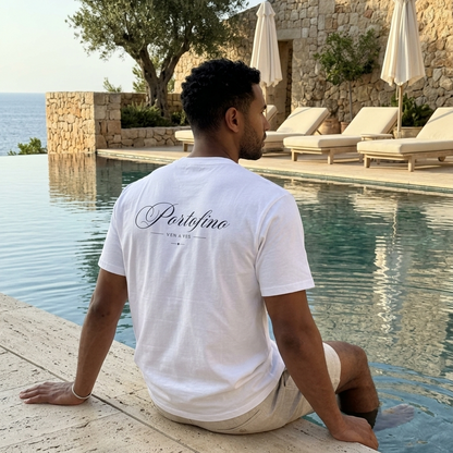 Portofino Script Tee white – worn, lifestyle photo